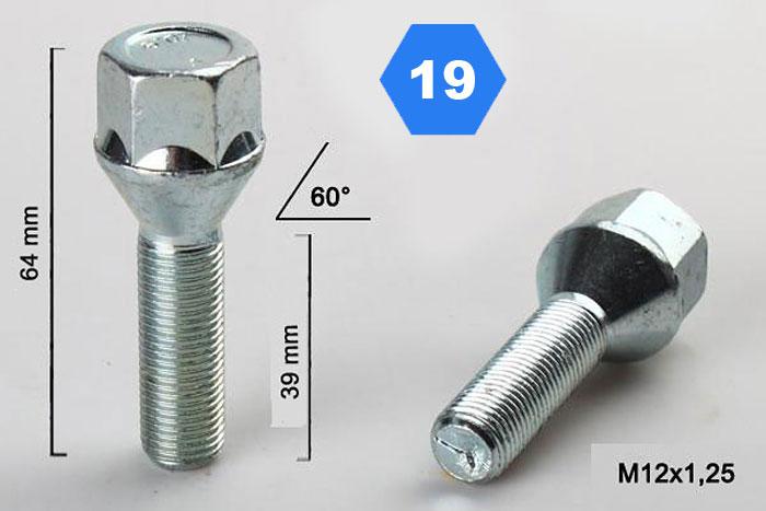 M12x1,25, Verlengde wielbout conisch, Draadlengte 39mm, SW 19